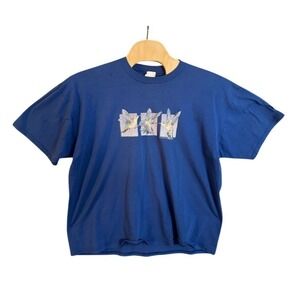 Vintage Ginnis Girl Hummingbird Graphic T-Shirt Blue Made in USA 50/50 Large XL
